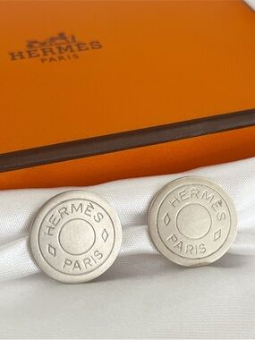 HERMES Vintage Clou de Selle Sellier Clip On Silver Tone Earrings Button